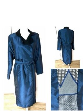 Vintage Metallic-Blue Trench Coat- Oversized/Classic Fit, 3-Seasons +Bonus Scarf